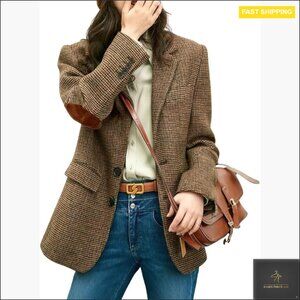Wool Blend Blazer Classic Plaid Business Casual Work Coat Elegant Retro